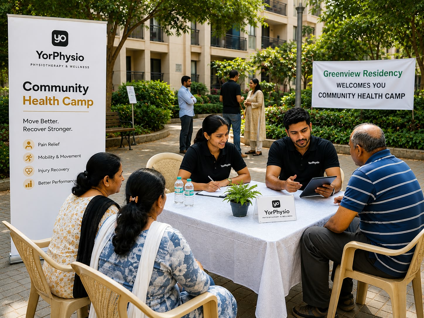 YorPhysio therapist assessing a patient's shoulder mobility at a community health camp