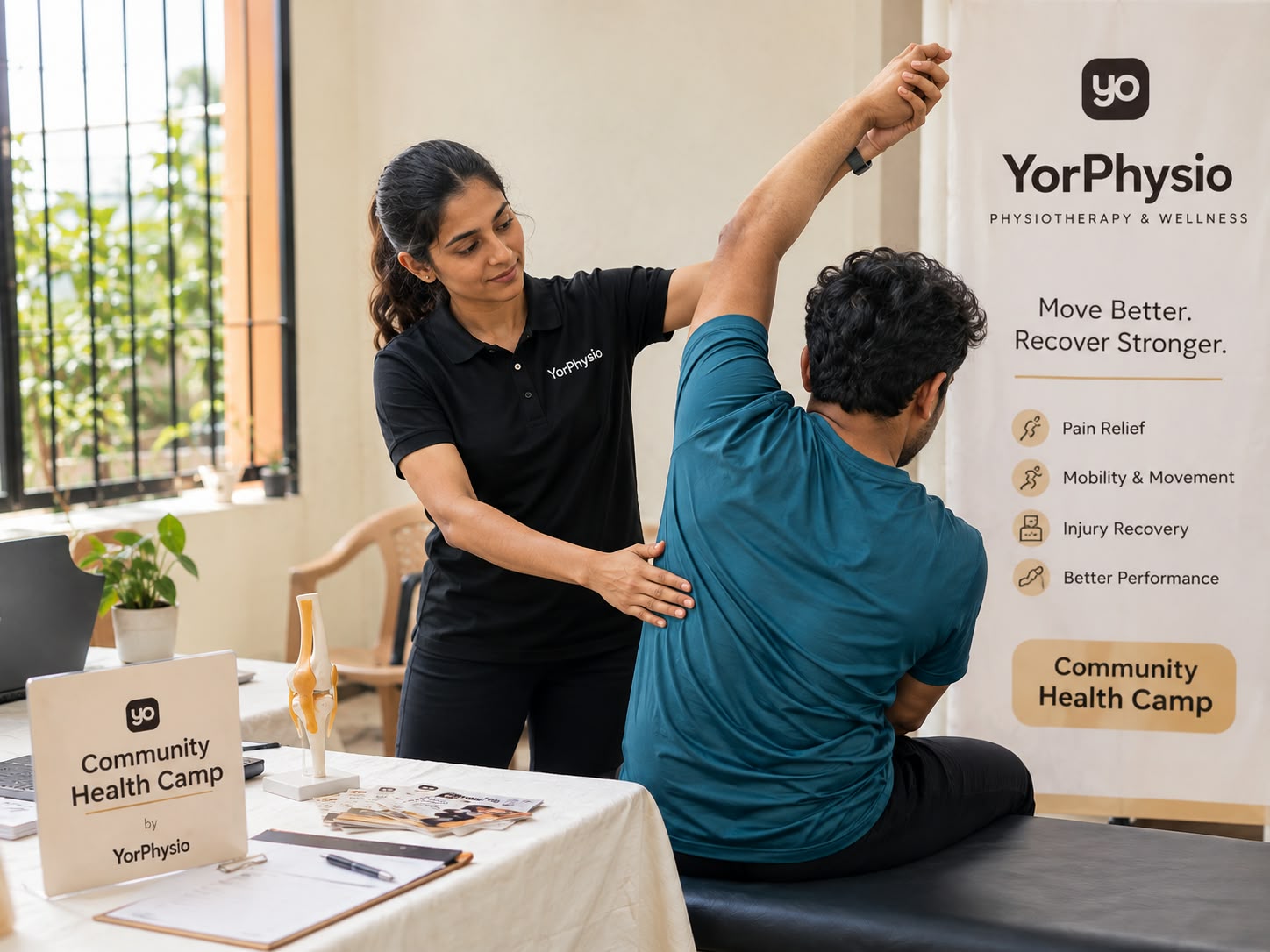 YorPhysio therapist assessing a patient's knee at a community health camp
