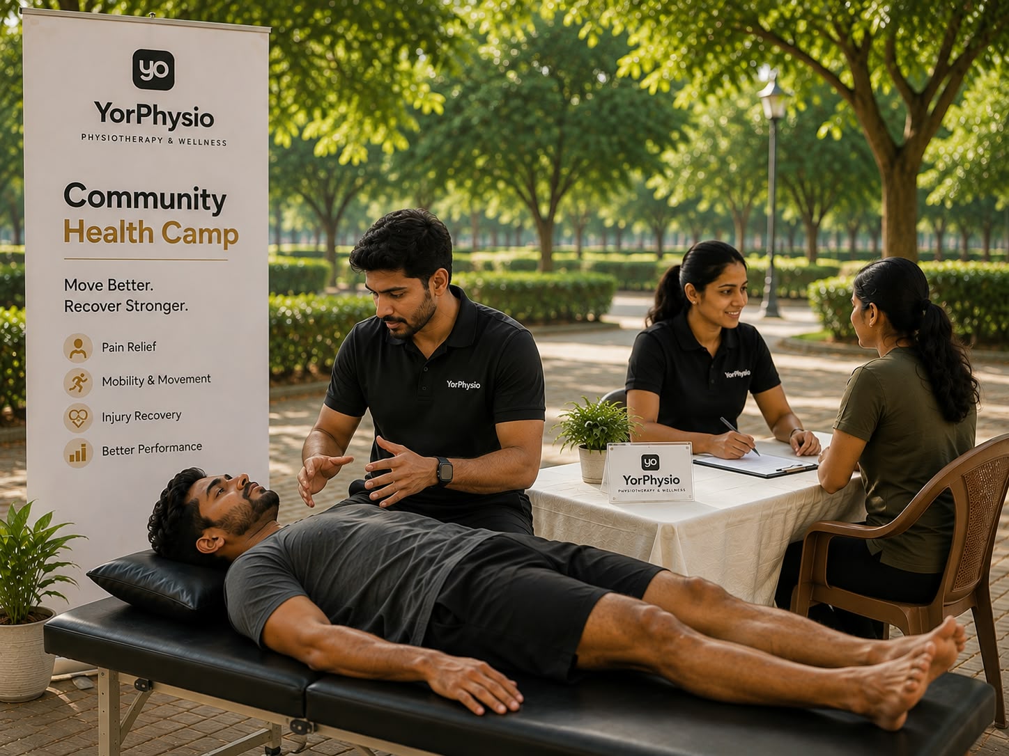 YorPhysio therapist assessing a patient's back at an outdoor community health camp
